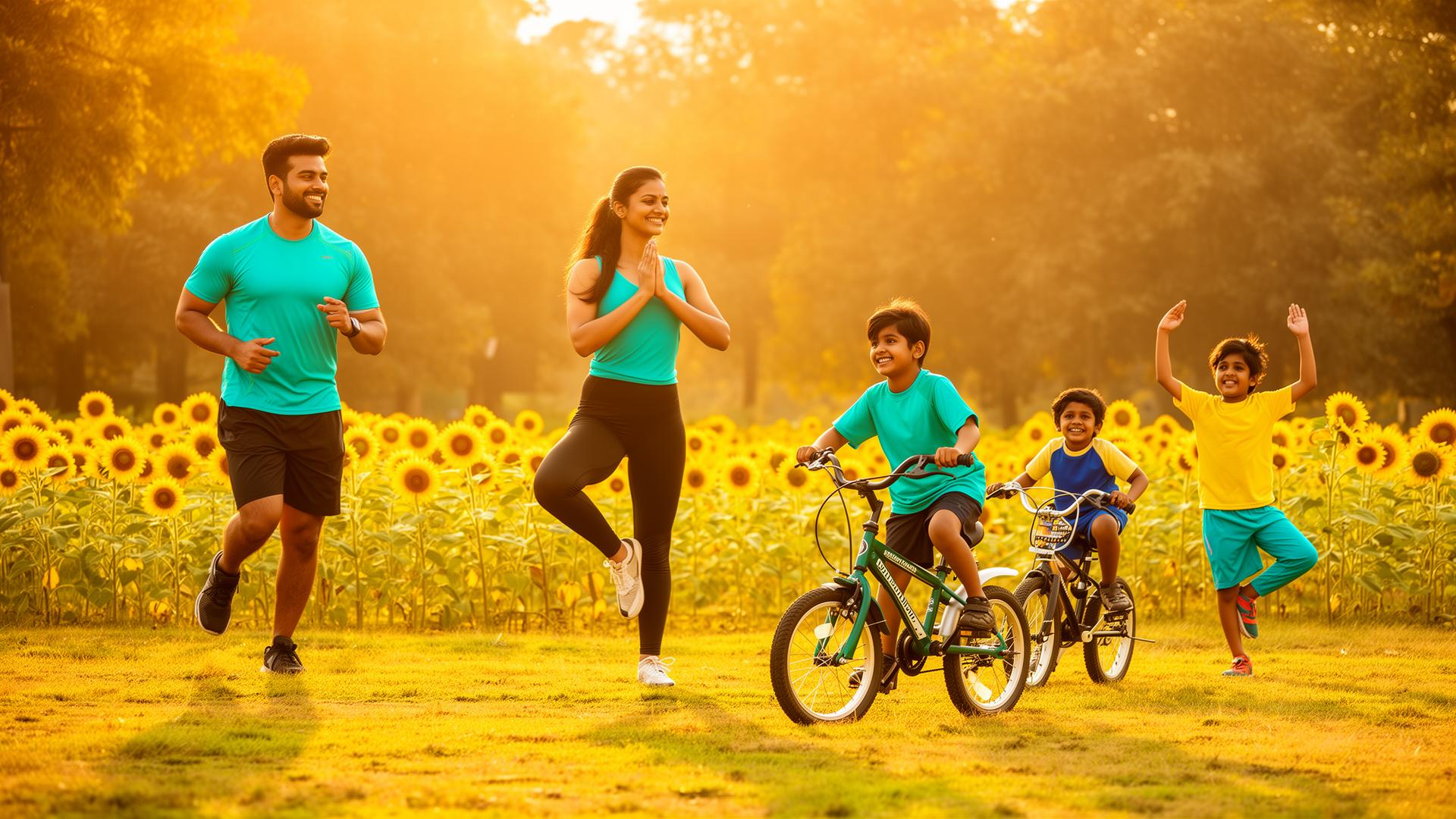 Family running, cycling and doing yoga in a sunflower field