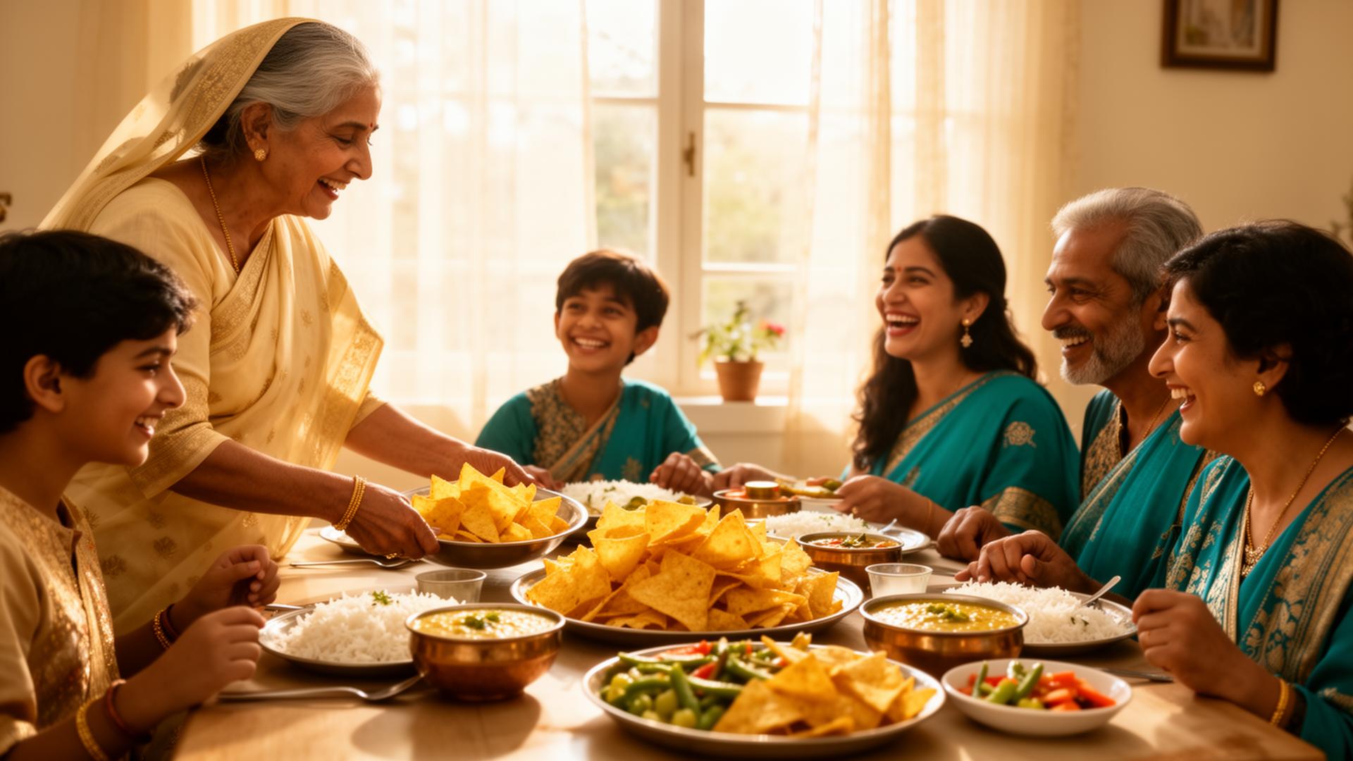 A multigenerational Indian family sharing a homemade meal